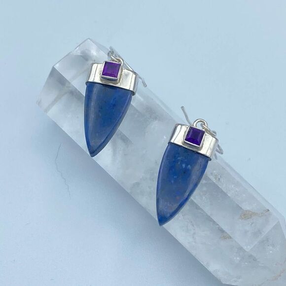 Dumortierite Point & Amethyst Sterling Silver Earrings - Picture 1 of 6